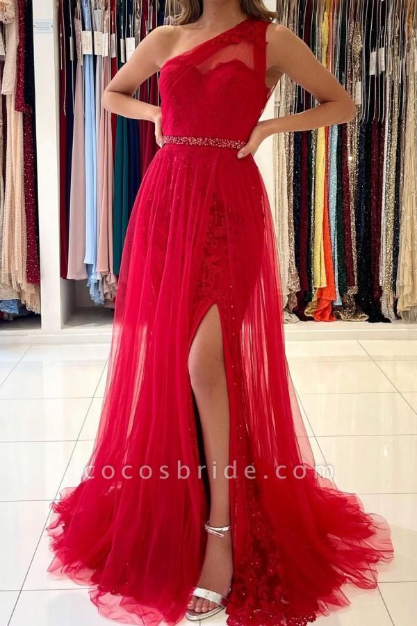 Charming Long A-line One Shoulder Tulle Slit Prom Dress with Detacable Train