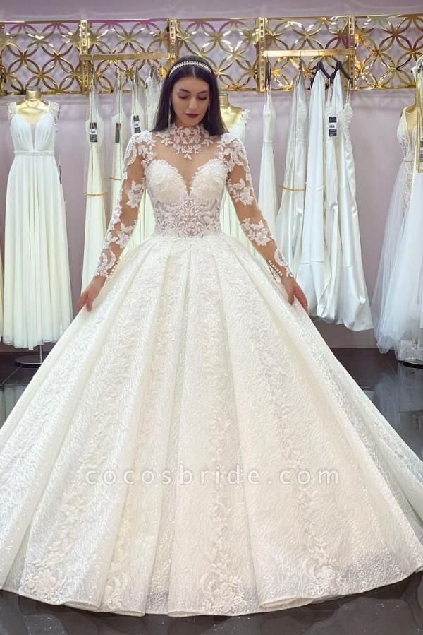 Gorgeous Princess High-neck Lace Appliques Long Sleeves Wedding Dress