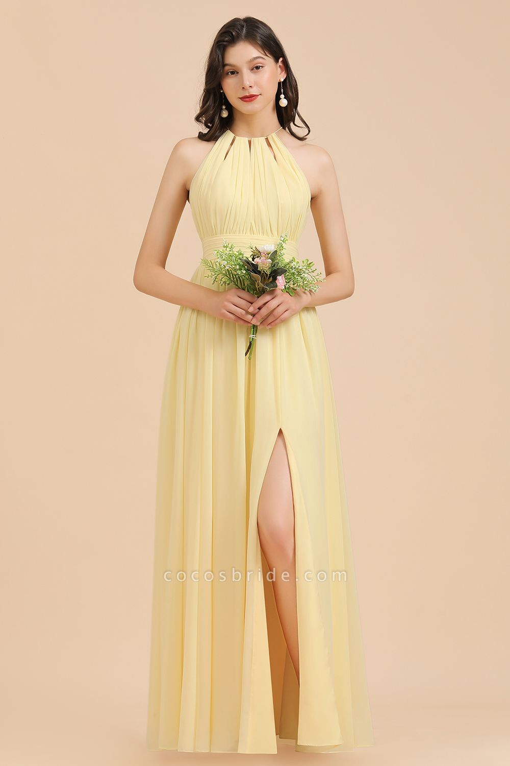 Long A-line Halter Pleated Chiffon Daffodil Bridesmaid Dress with Slit