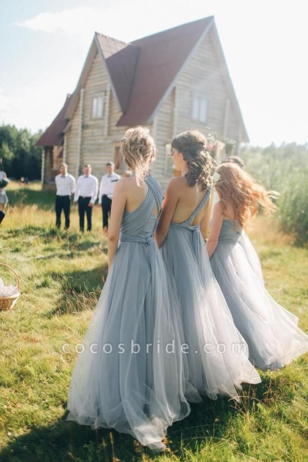 Elegant A-line Multiway Tulle Floor-length Backless Bridesmaid Dresses