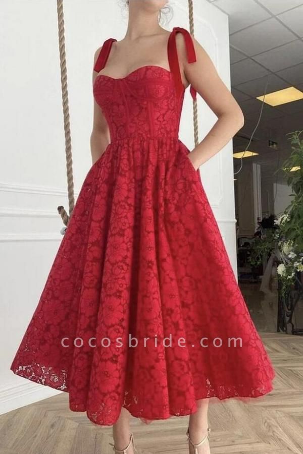 A-line Sweetheart Spaghetti Straps Lace Prom Dresses with Pockets