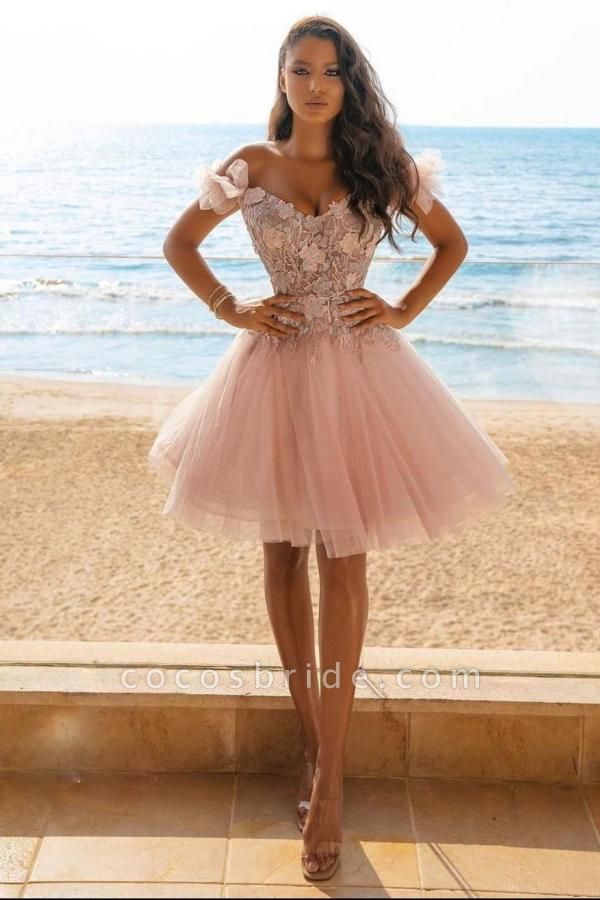 Pink A-line Floral Tulle off-the-shoulder Lace Short Homecoming Dress