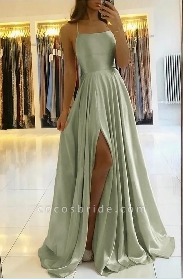 A-line Spaghetti Straps Satin Open Back Prom Dress with Side Slit