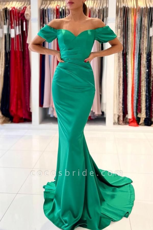 Stunning Long Mermaid Off-the-Shoulder Satin Prom Dresses with Sleeves
