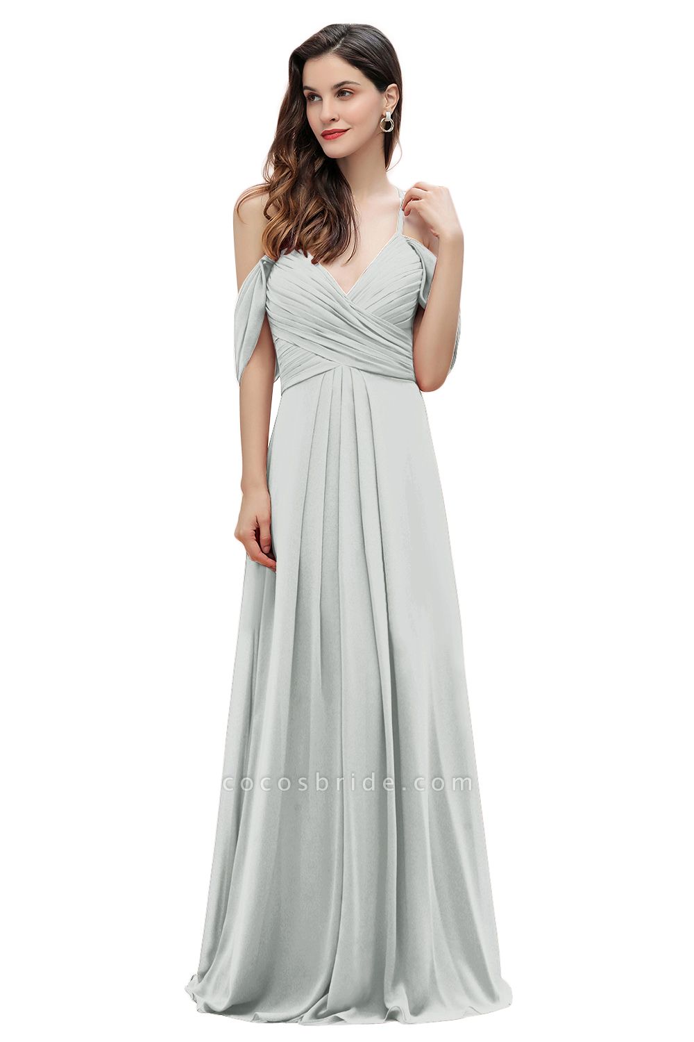 Off-the-Shoulder A-Linie V-Ausschnitt Chiffon Brautjungfernkleid Bodenlanges Kleid für Hochzeitsfeiern