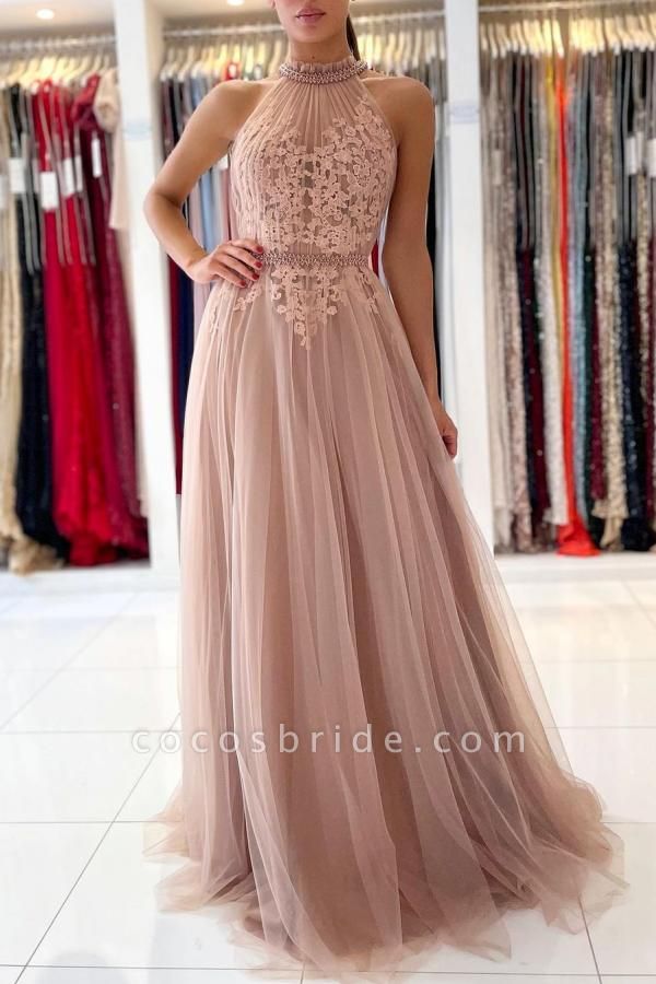 Stunning Long A-line Halter Tulle Formal Evening Dress with Lace Appliques