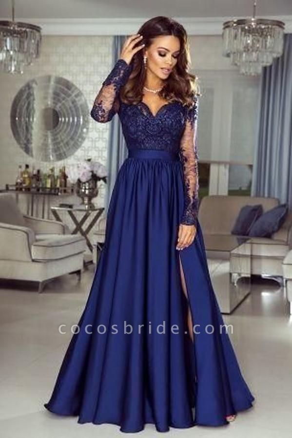 Elegant A-line Sweetheart Long Sleeves Lace Prom Dress with Slit