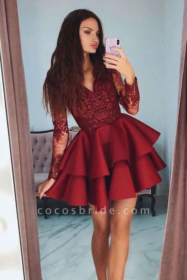 Vintage V-neck Long Sleeve Appliques Lace Satin Short Prom Dress With Ruffles