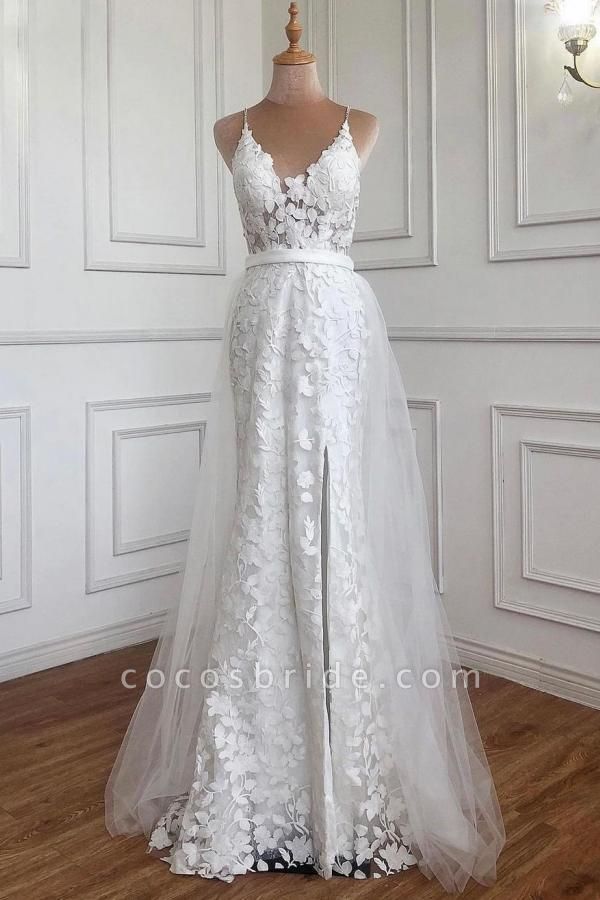 Elegant Long A-line V-neck Lace Open Back Prom Dress with Slit