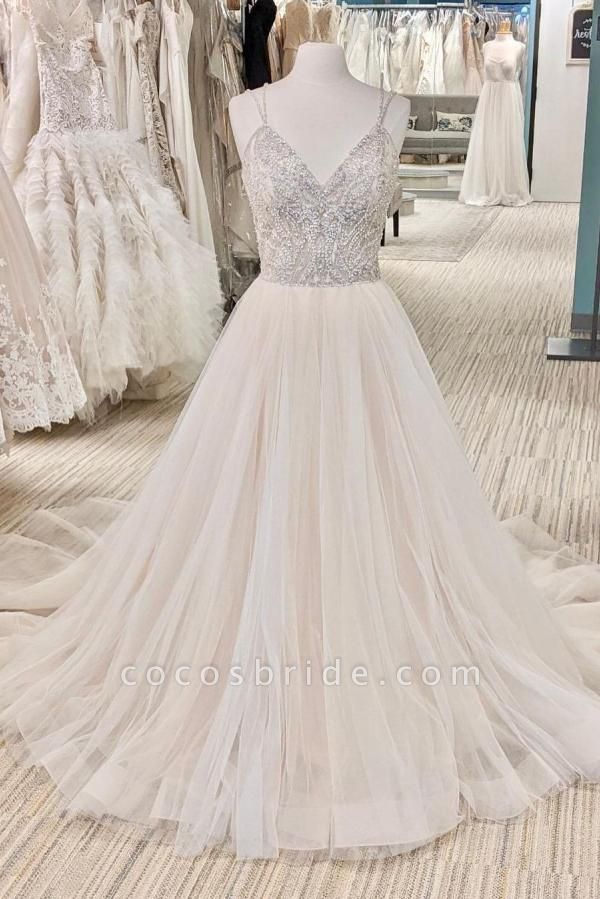 Schönes langes rückenfreies Brautkleid in A-Linie mit V-Ausschnitt und Glitzer