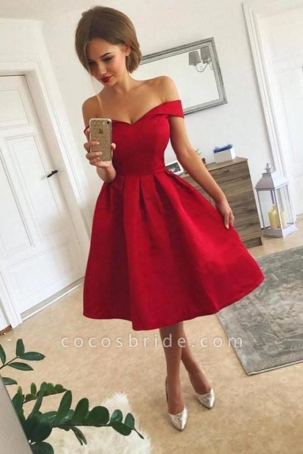 Cheap Short Red A-line Satin Off The Shoulder Prom Dress