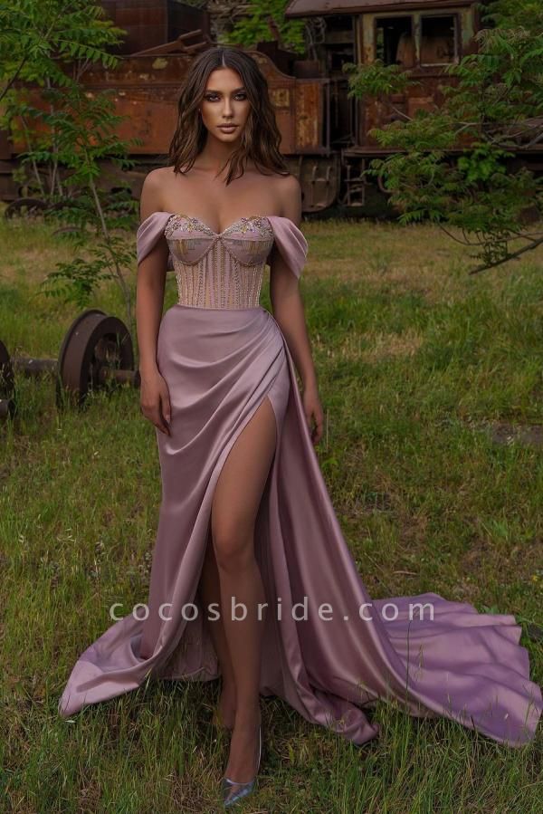 Elegant Long Mermaid Off-the-shoulder Satin Prom Dress with Slit