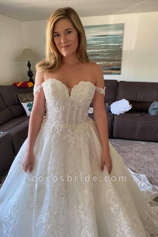 Beautiful Long A-line Off-the-shoulder Lace Appliques Wedding Dress with Beads
