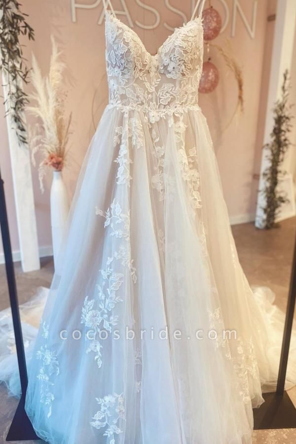 Gorgeous Long A-line V-neck Spaghetti Straps Tulle Backless Wedding Dress