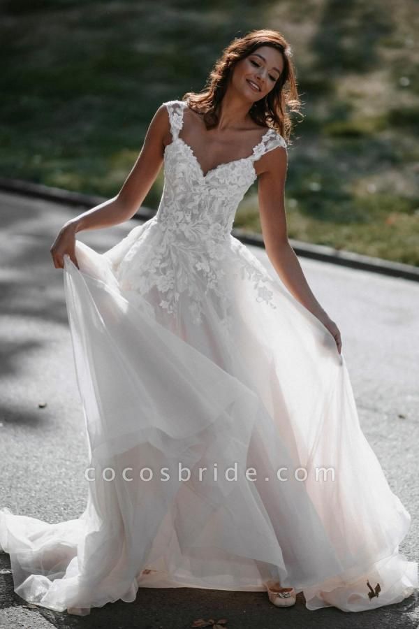 Long A-line V-neck Tulle Backless Wedding Dress with Lace