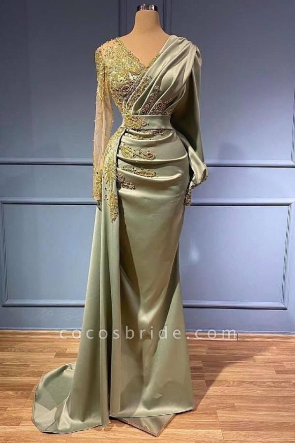Long Mermaid Satin V-neck Beads Applique Formal Dress with Sleeves