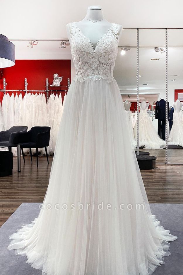 Long A-line Tulle V Neck Open Back Wedding Dress with Appliques Lace