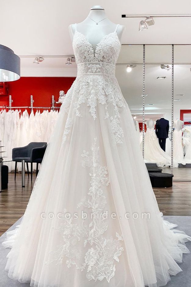 Long A-line V-neck Tulle Sleeveless Ruffles Appliques Lace Backless Wedding Dress