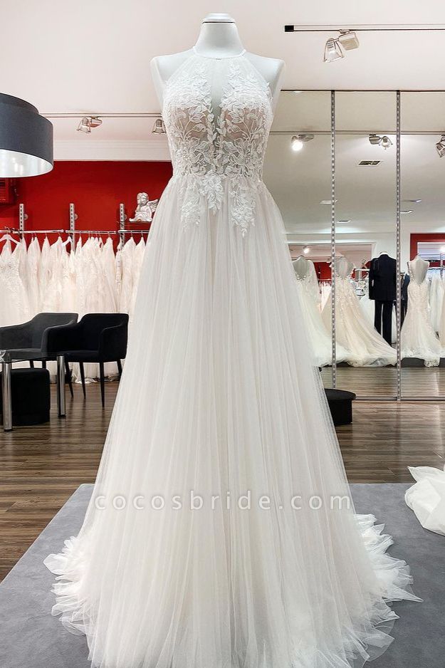 Long Halter Sleeveless Tulle A-line Open Back Wedding Dresses With Lace