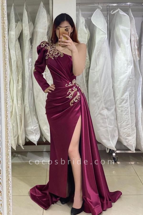 Unique Long Mermaid One Shoulder Side Slit Prom Dress with Sleeves