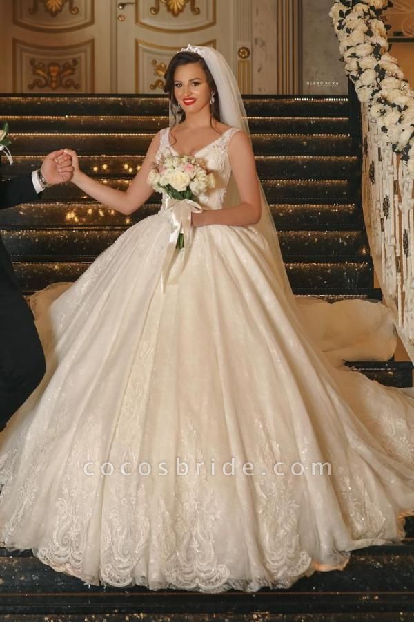 Glamouröses langes Ballkleid mit V-Ausschnitt und Tüll-Hochzeitskleid mit Spitzenapplikationen