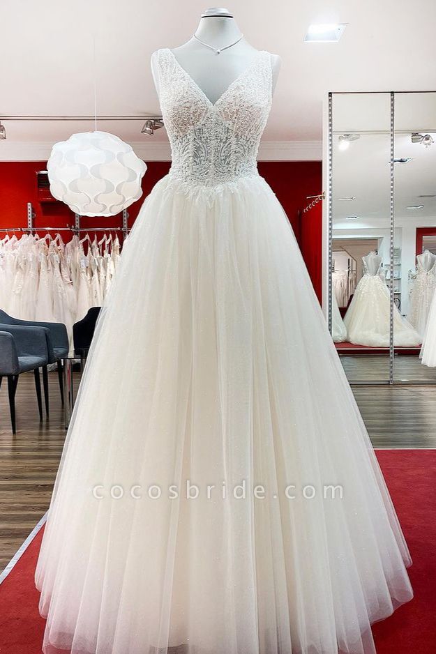 Unique Long Princess V-neck Tulle Lace Ruffles Ivory Wedding Dress