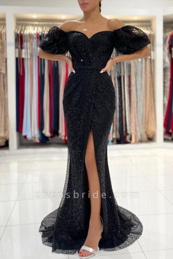 Long Mermaid Off-the-shoulder Glitter Side Slit Prom Dress with Sleeves