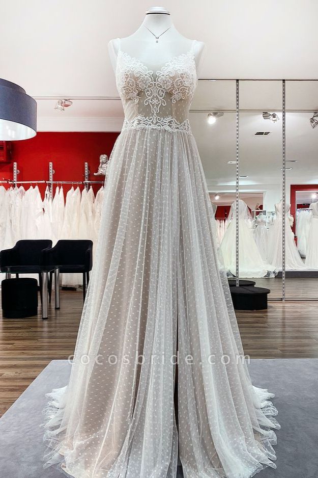 Luxuriöses langes A-Linien-Hochzeitskleid aus Tüll mit offenem Rücken und Spitze