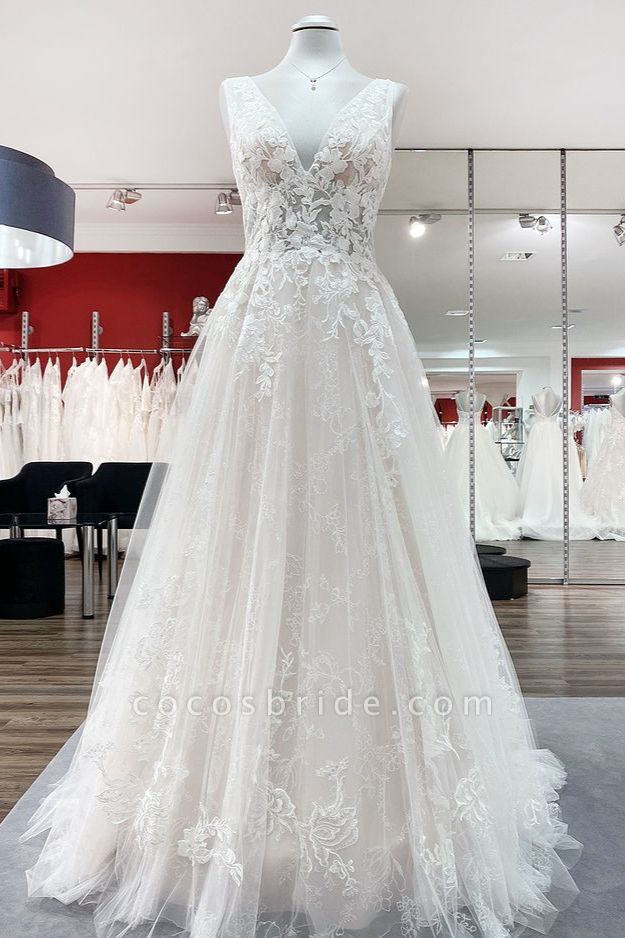 Modest Long A-line Deep V-neck Open Back Tulle Sleeveless Wedding Dress with Appliques Lace