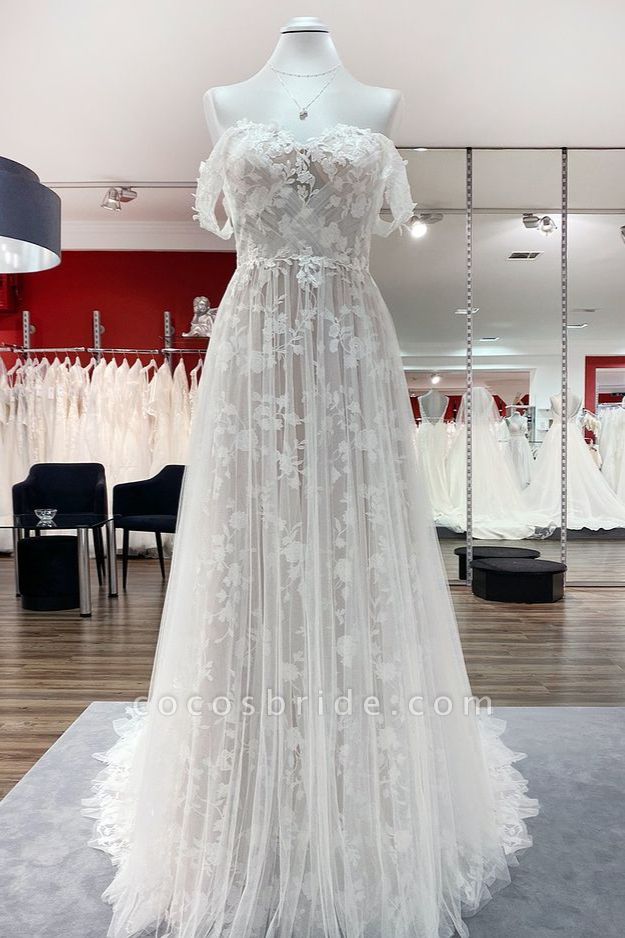 Gorgeous Long A-line Off-the-shoulder Tulle Appliques Lace Ruffles Wedding Dress