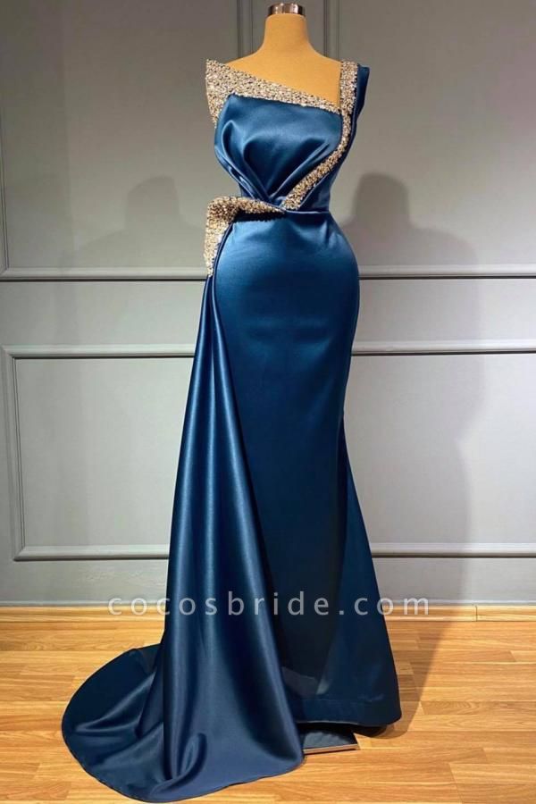 Stunning Long Mermaid One shoulder Stretch Satin Prom Dress with Glitter