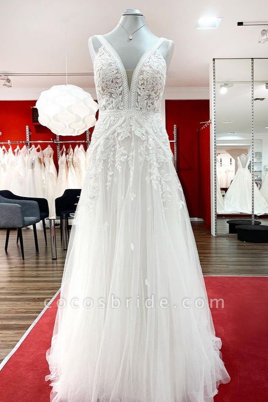 Long A-line Sleeveless Tulle Lace Appliques Open Back Wedding Dresses