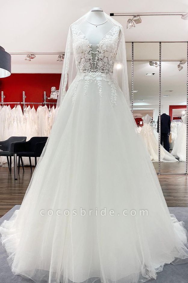 Elegant Long A-line V Neck Tulle Lace Open Back Wedding Dress MT019
