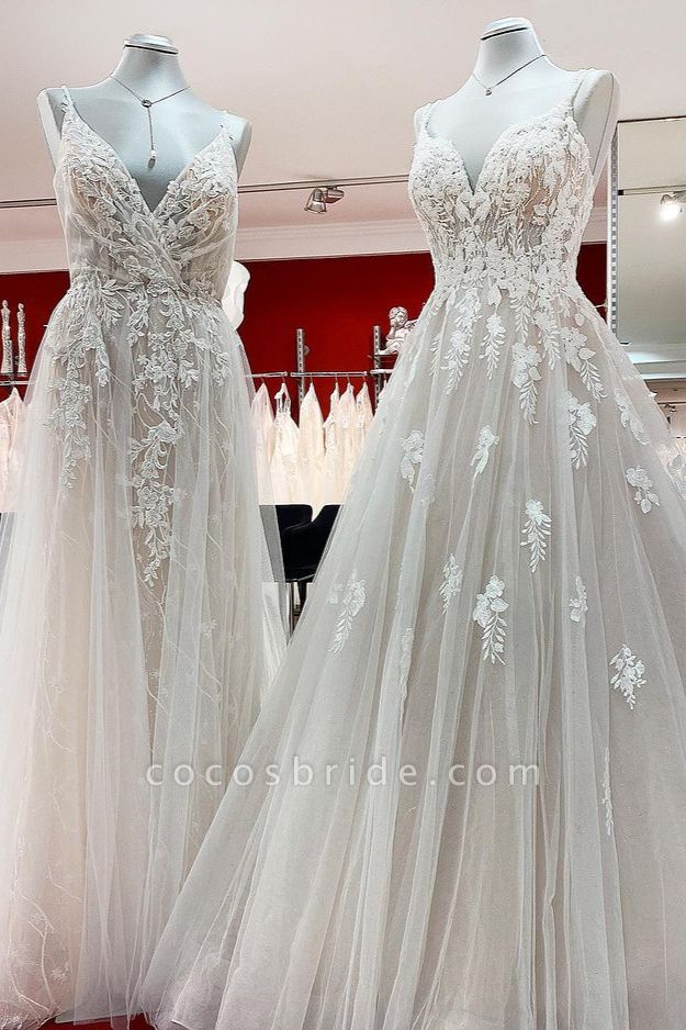 Elegantes langes A-Linie V-Ausschnitt ärmelloses Rüschen rückenfreies Hochzeitskleid