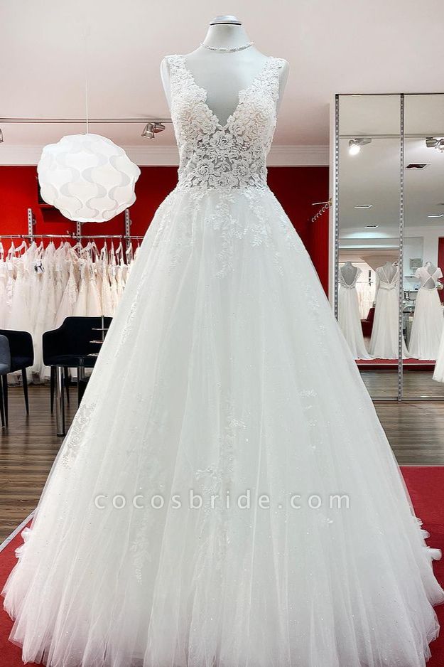 Long A-line V-neck Tulle Lace Eye-taking White Ruffles Wedding Dresses