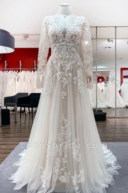 Ivory A-line Tulle Long Sleeves Lace Appliques Open Back Wedding Dresses