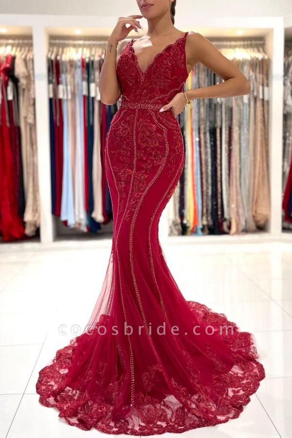 Long Mermaid V-neck Tulle Lace Open back Prom Dress with Glitter