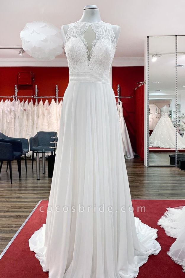 Bescheidenes langes A-Linien-Chffon-Juwel-Rüschenapplikationen-Hochzeitskleid mit offenem Rücken