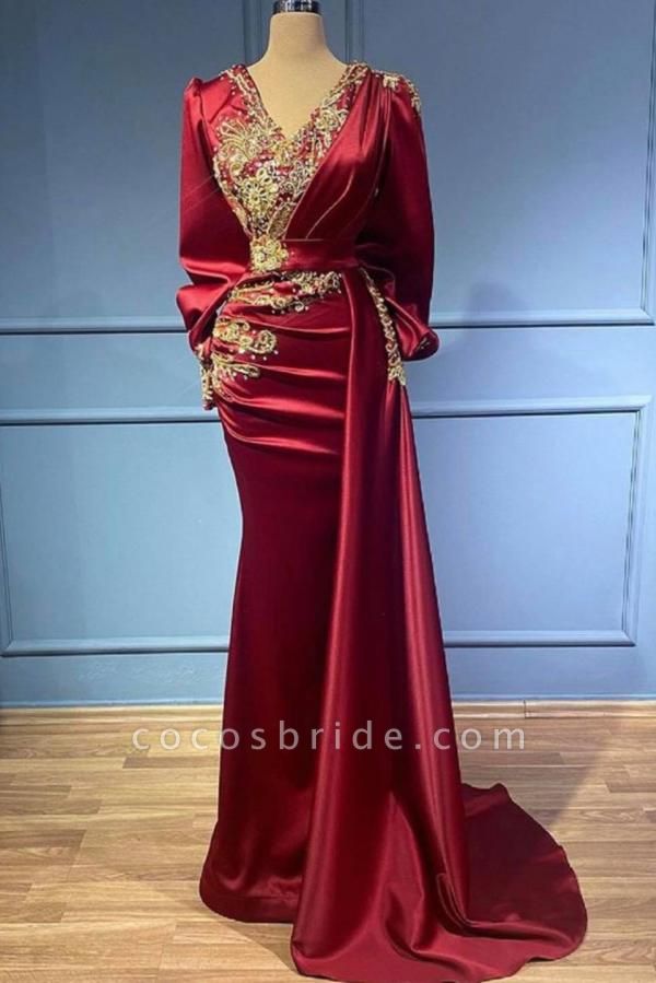 Unique Long Mermaid V-neck Satin Beads Floor length Prom Dress with Sleeves