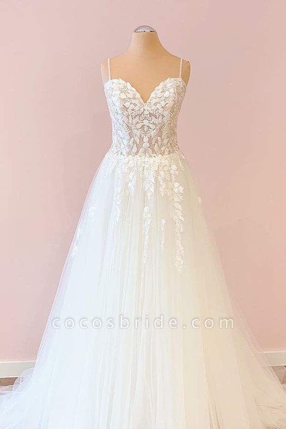 Pretty A-Line Spaghetti Straps Sweetheart Tulle Appliques Lace Wedding Dress