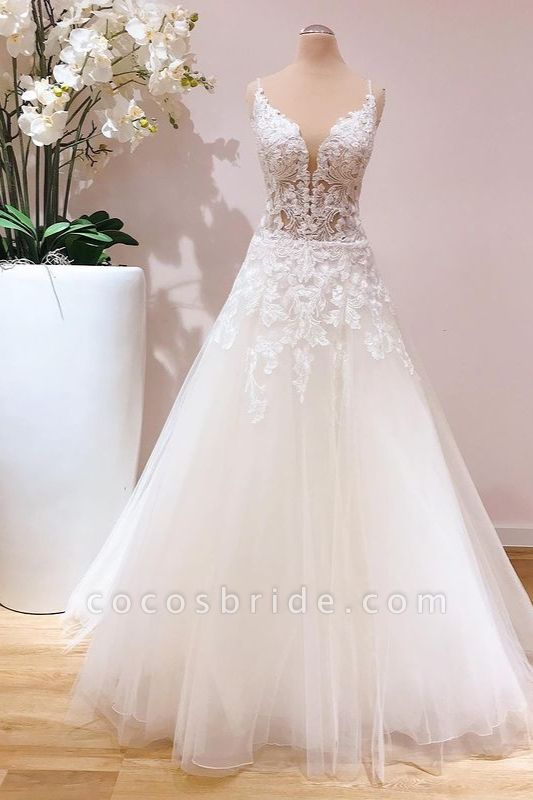 Romantic Spaghetti Straps A-line Appliques Lace Tulle Floor-length Wedding Dress