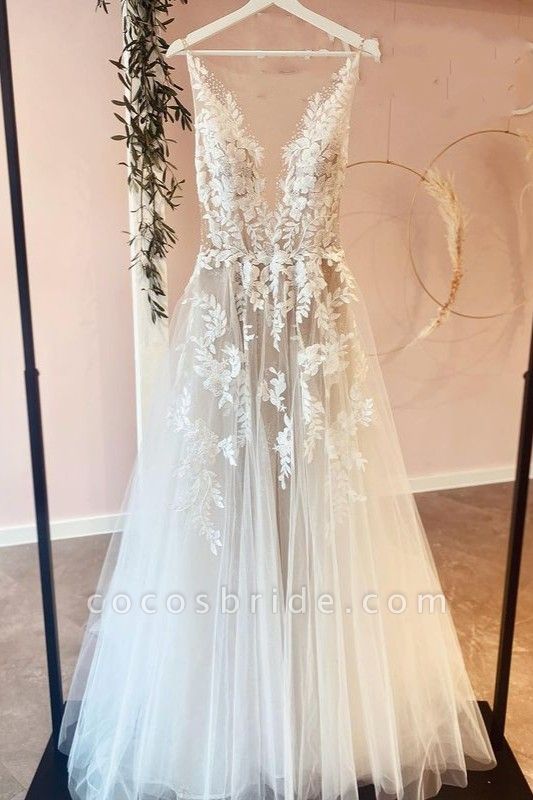 Classy Long A-line Tulle Appliques Lace Wedding Dress MT073