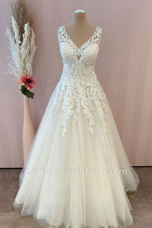 Classy Sweetheart Appliques Lace A-Line Tulle Backless Floor-length Wedding Dress