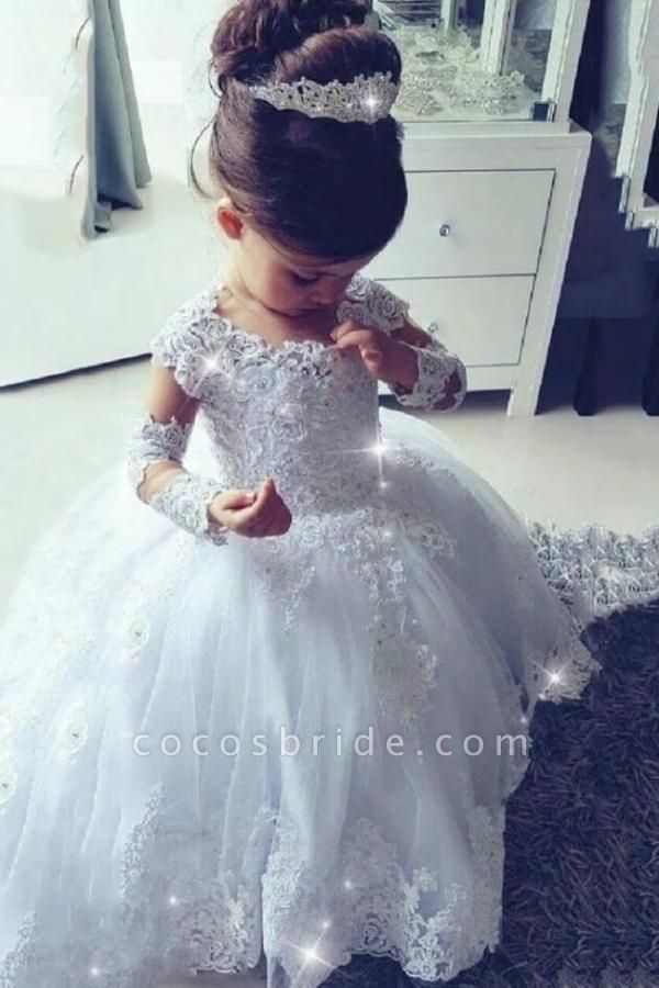 Long Princess Tulle Lace Scoop Neck flower girl dresses with Sleeves