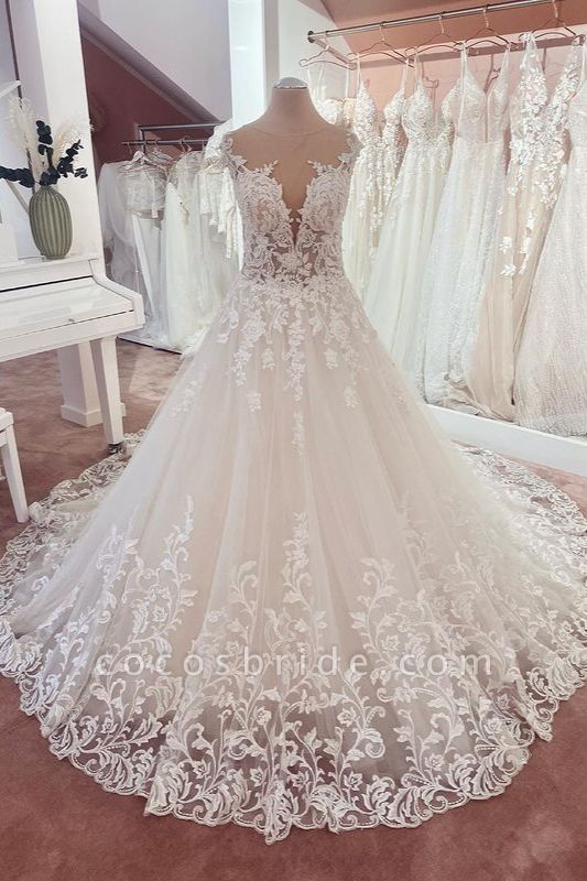 Attractive Appliques Lace A-Line Sweetheart Tulle Floor-length Wedding Dress