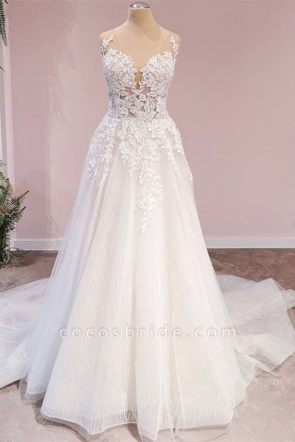 A-Line Appliques Lace Tulle Backless Sweetheart Floor-length Wedding Dress