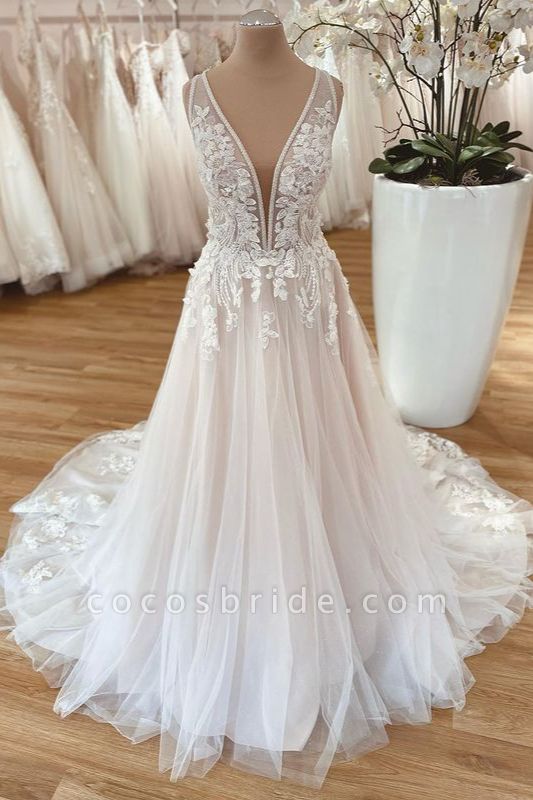 A-Line Wide Straps Tulle Floor-length Wedding Dress With Floral Lace