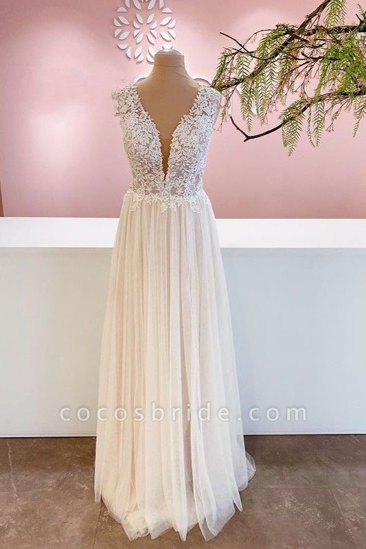Wide Straps A-Line Ruffles Floor-length Tulle Backless Wedding Dress With Floral Lace