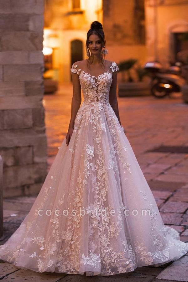 Elegant A-Line Bateau Appliques Lace Backless Floor-length Sequins Wedding Dress