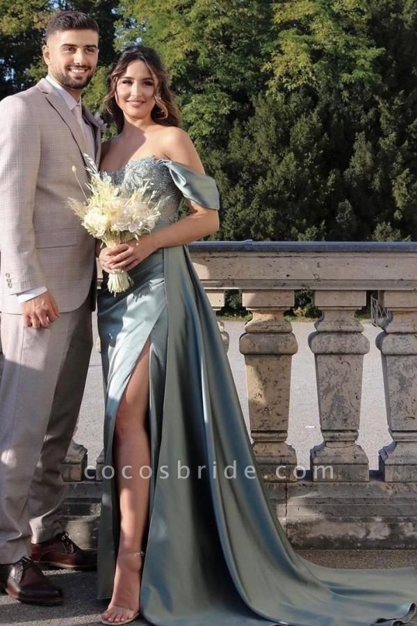 Modest Long Mermaid Off-the-Shoulder Stretch Satin Prom Dress with Slit